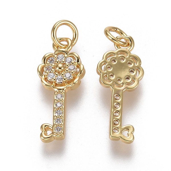 

PandaHall Brass Micro Pave Cubic Zirconia Pendants, with Jump Rings, Key with Flower, Clear, Real 18K Gold Plated, 19x8x2.5mm, Hole: 3mm...