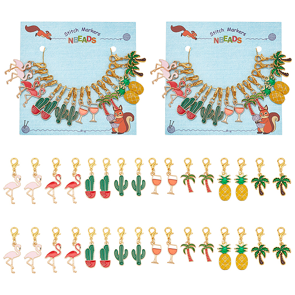 

PandaHall Summer Theme Pendant Stitch Markers, Alloy Enamel Crochet Lobster Clasp Charms, Locking Stitch Marker with Wine Glass Charm Ring..., Multicolor