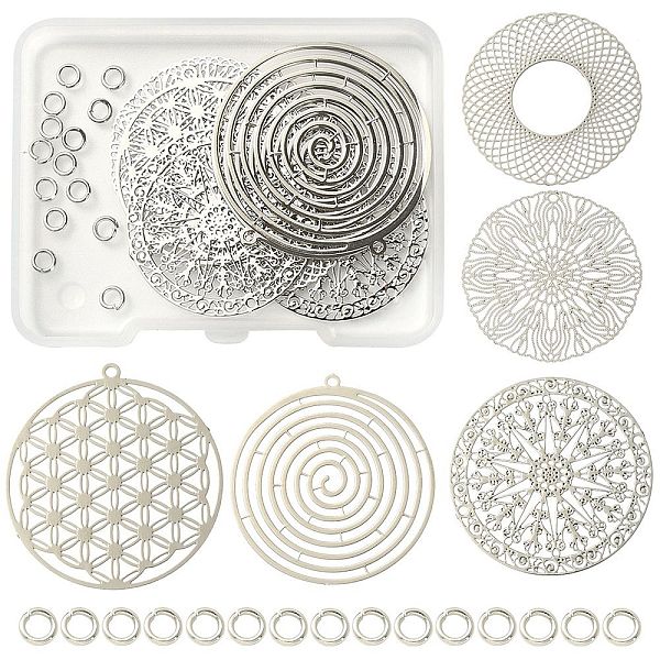 

PandaHall 10Pcs 5 Style Brass Filigree Pendants, with 15Pcs Brass Jump Rings, Flat Round with Flower, Platinum, 30~36.5x30~34.5x0.3mm, Hole...