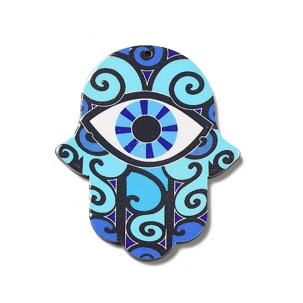 

PandaHall Opaque Acrylic Pendants, Hamsa Hand/Hand of Miriam Charm, Evil Eye Pattern, 52.5x43.5x2mm, Hole: 1.6mm Acrylic Evil Eye