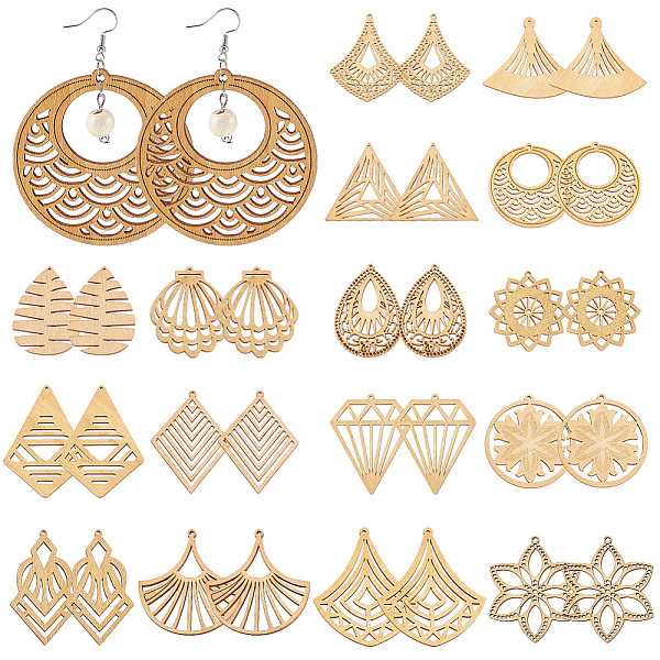 PandaHall PH 32pcs Wooden Earring Charms, 16 Styles Hollow Geometric Pendants Filigree Wooden Big Charms African Earring Pendants for Women...