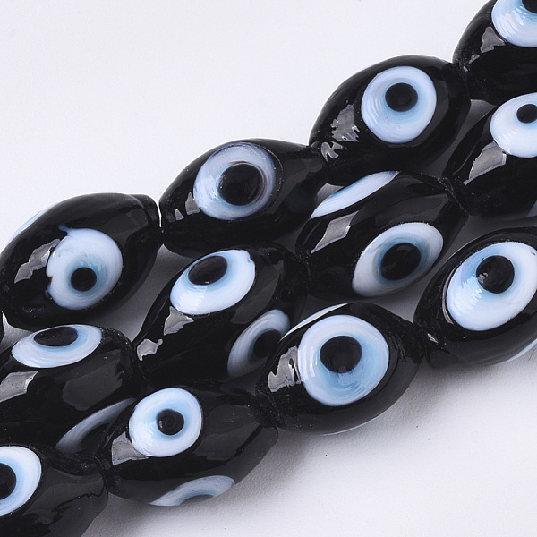 

PandaHall Handmade Evil Eye Lampwork Beads Strands, Rice, Black, 8~9x13~14mm, Hole: 1.8mm, about 30pcs/strand, 15.16 inch(38.5cm) Lampwork...