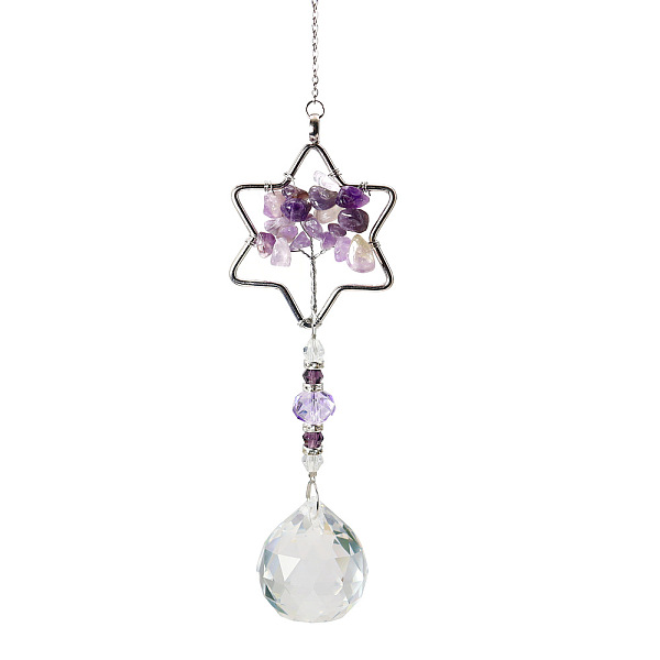 

PandaHall K9 Crystal Glass Big Pendant Decorations, Hanging Sun Catchers, with Amethyst Chip Beads, Star with Tree of Life, Indigo, 37cm..., Purple