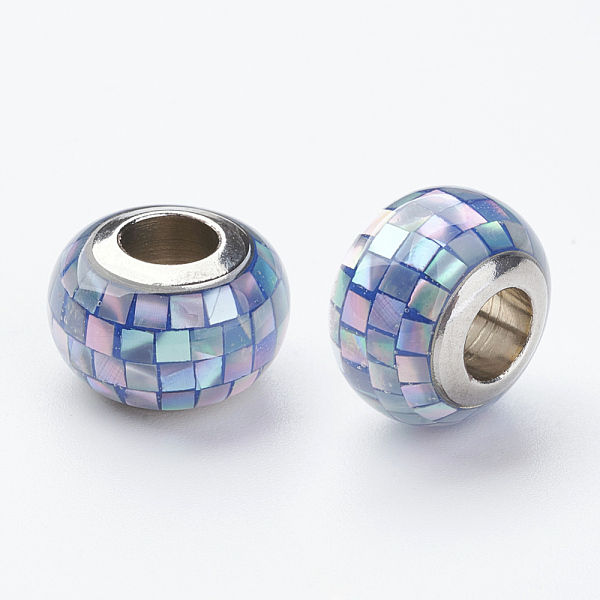 

PandaHall 304 Stainless Steel Resin European Beads, with Shell and Enamel, Rondelle, Large Hole Beads, Cornflower Blue, 12x8mm, Hole: 5mm...