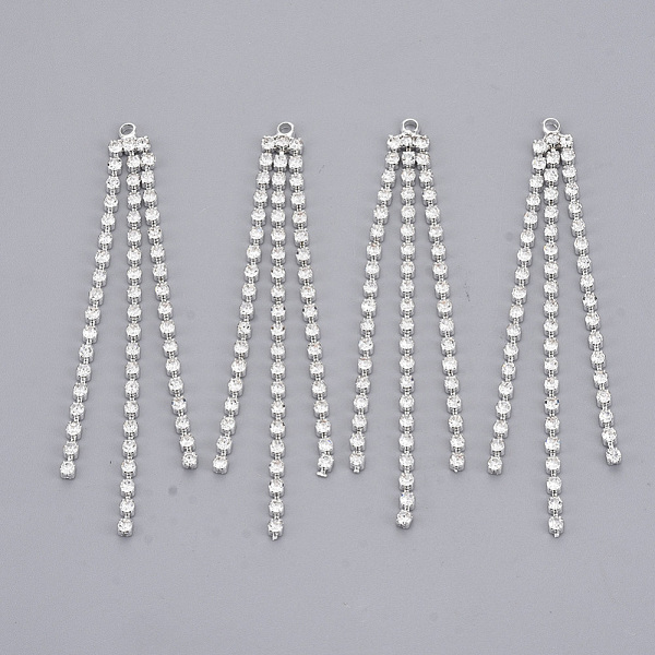 

PandaHall Brass Rhinestone Cup Chain Big Pendants, Tassel Pendant, Crystal, Silver Color Plated, 68x6x2mm, Hole: 1.6mm Brass