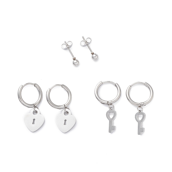

PandaHall 3 Pairs 3 Style 304 Stainless Steel Ball Stud Earrings, Heart Key Dangle Hoop Earrings for Women, Stainless Steel Color, 26~28mm...