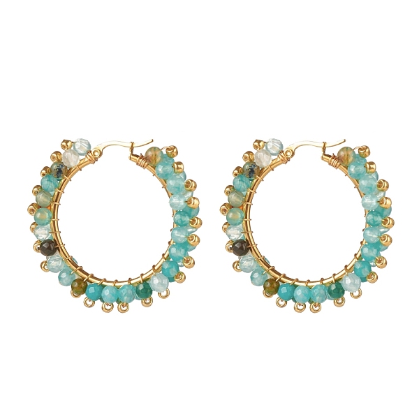 

PandaHall Natural Agate Beaded Hoop Earrings, 304 Stainless Steel Wire Wrap Jewelry for Women, Golden, Turquoise, 43x43.5x9mm, Pin..., Green