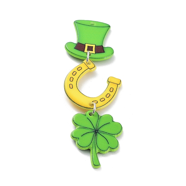 

PandaHall Saint Patrick's Day Theme Acrylic Big Pendants, with Iron Finding, Hat Clover with Horseshoe, Lime Green, 73x24x2.5mm, Hole: 1.8mm...