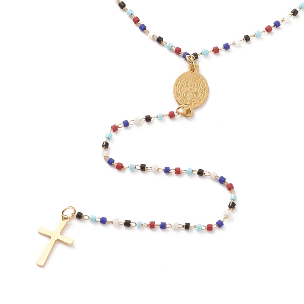 

PandaHall 304 Stainless Steel Pendant Necklaces, with Glass Seed Beads and Lobster Claw Clasps, Cross & Saint Benedict Medal/Saint Benedict...