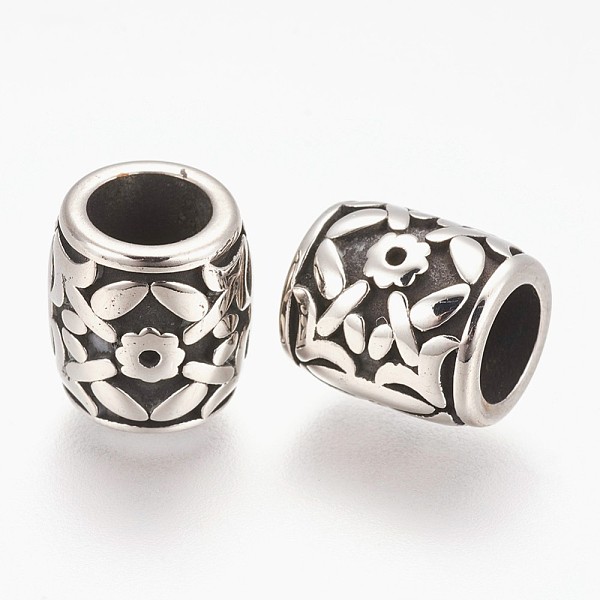 

PandaHall 304 Stainless Steel Beads, Large Hole Beads, Column with Flower, Antique Silver, 11x10mm, Hole: 6mm 304 Stainless Steel Column
