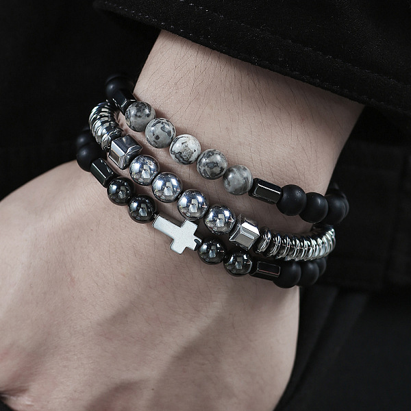 

PandaHall 3Pcs 3 Style Synthetic Non-magnetic Hematite & Map Stone Beaded Stretch Bracelets Set, Cross Stackable Bracelets, Black...