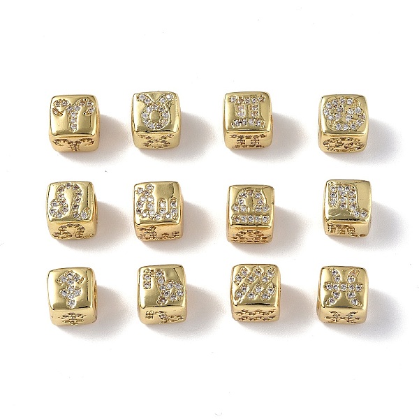 

PandaHall 12Pcs 12 Styles Brass Micro Pave Clear Cubic Zirconia Beads, Cube with Twelve Constellations, Real 18K Gold Plated, 8x7.5x8mm...
