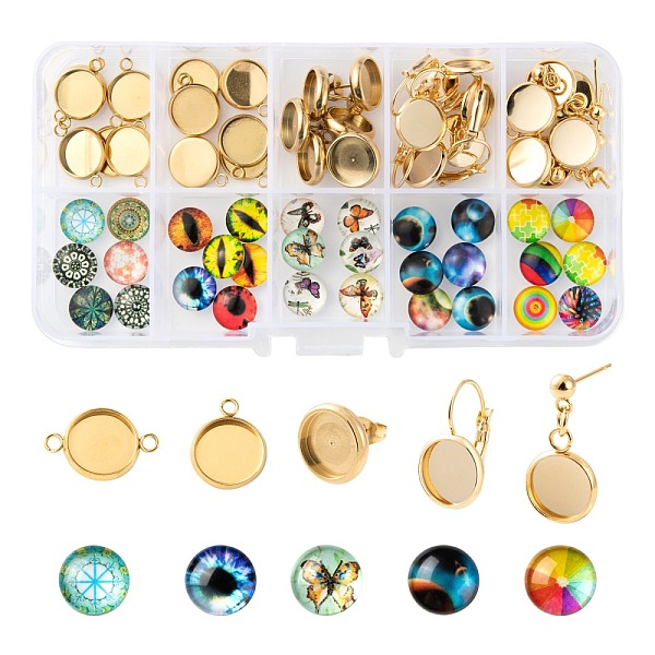

PandaHall DIY Jewelry Set Making Kits, Including 304 Stainless Steel Cabochons Findings, Glass Cabochons, Golden, Cabochons Findings: 30pcs..., Multicolor