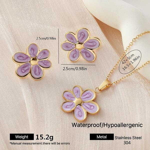 Ensembles de boucles d'oreilles et colliers pendentifs en acier inoxydable 304 émaillé en forme de fleur pour femmes