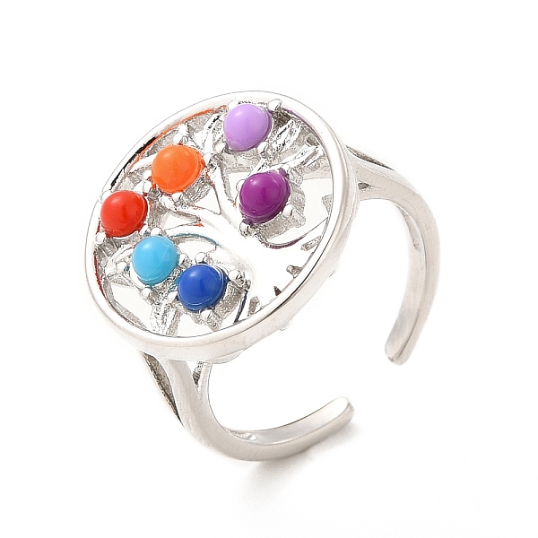 

PandaHall Colorful Resin Beaded Tree of Life Open Cuff Ring, Brass Jewelry for Women, Platinum, US Size 6 3/4(17.1mm) Brass+Resin