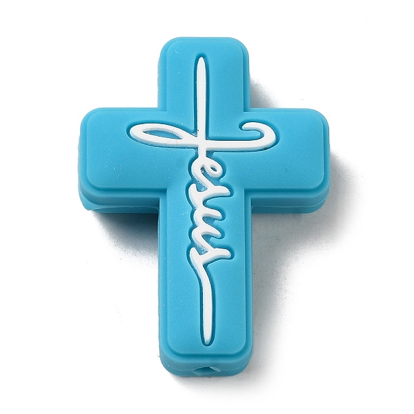 

PandaHall Silicone Beads, Cross with Word Jesus, Deep Sky Blue, 30x22x8mm, Hole: 2.5mm Silicone Cross