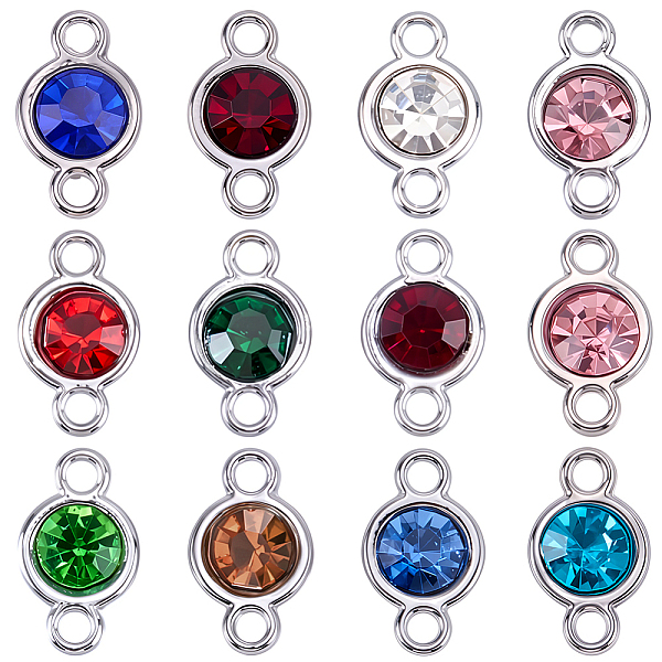48Pcs 12 Colors Faceted Glass Flat Round Connector Charms