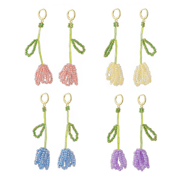 

PandaHall 4 Pair 4 Colors Seed Braided Tulip Flower Dangle Leverback Earrings, Real 18K Gold Plated Brass Long Drop Earrings for Women..., Multicolor
