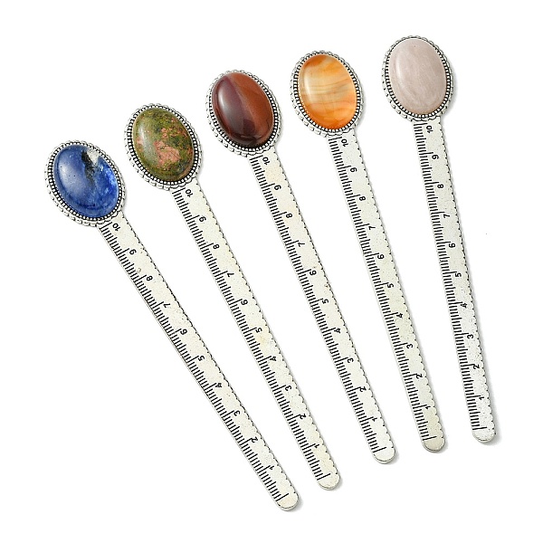 

PandaHall Natural & Synthetic Mixed Stone Bookmarks, Oval Tibetan Style Retro Alloy Bookmark Rulers, 134x22.5~23x8.5mm Mixed Stone Oval