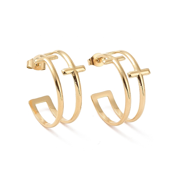 

PandaHall Ion Plating(IP) 304 Stainless Steel Double Cross Stud Earrings, Half Hoop Earrings for Women, Golden, 23.5x8mm, Pin: 0.7mm 304...