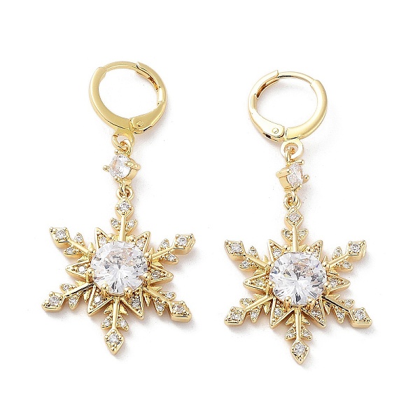 

PandaHall Rack Plating Golden Brass Dangle Leverback Earrings, with Cubic Zirconia for Women, Snowflake, 46x20.5mm Brass Snowflake Clear