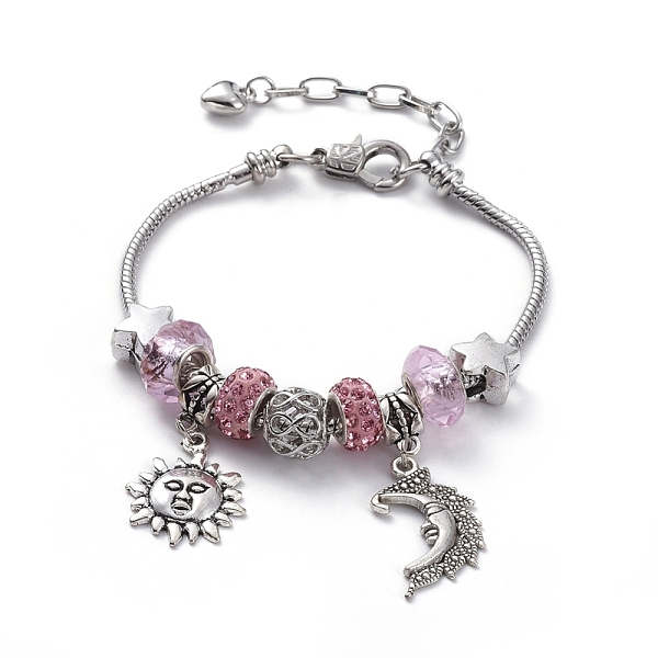 

PandaHall Brass European Bracelets, with Polymer Clay Rhinestone Beads, Glass European Beads, Alloy European Beads and Pendants, Sun & Moon..., Pink