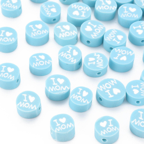 

PandaHall Handmade Polymer Clay Beads, Mother's Day Theme, Flat Round with Word I Love MOM, Light Sky Blue, 8~9.5x3.5~4.5mm, Hole: 1.5mm...