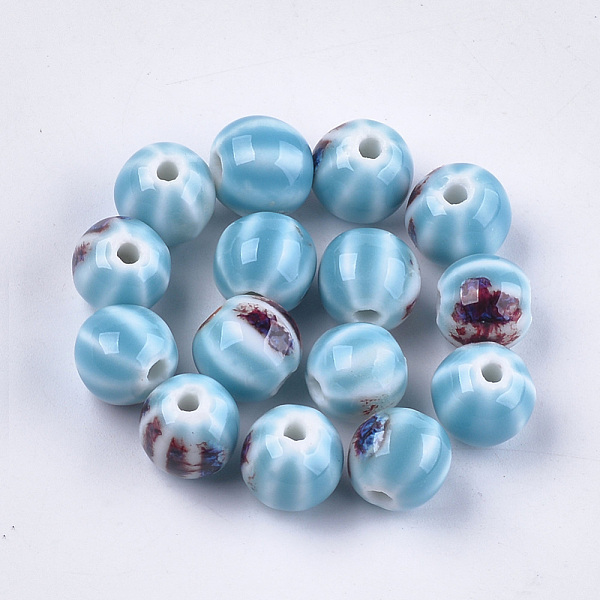PandaHall Handmade Porcelain Beads, Fancy Antique Glazed Porcelain, Round, Light Sky Blue, 11~12x10~11x10~10.5mm, Hole: 2~2.5mm Porcelain