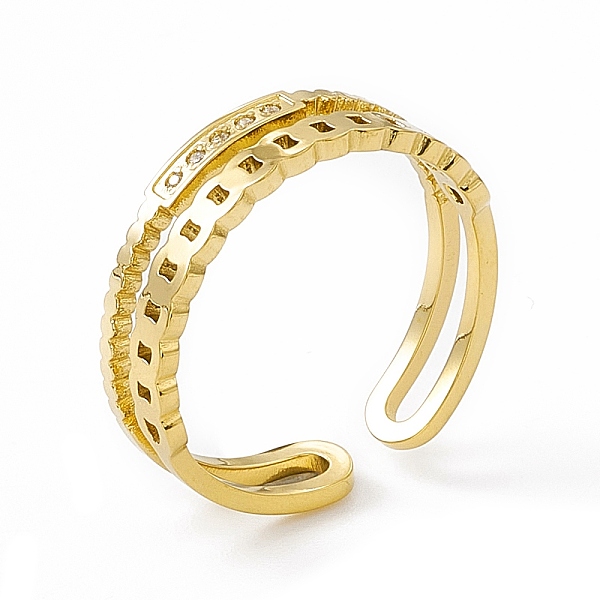 

PandaHall Ion Plating(IP) 304 Stainless Steel Cubic Zirconia Cuff Ring for Women, Double Layer Band Open Rings, Real 14K Gold Plated...