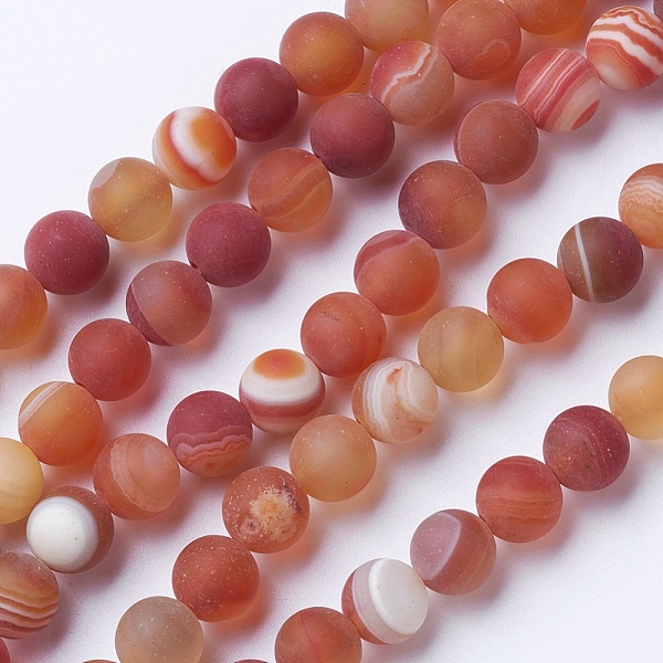 PandaHall Natural Grade A Striped Agate/Banded Agate Beads Strands, Dyed & Heated, Frosted, Round, Dark Salmon, 10mm, Hole: 1.2mm, about...