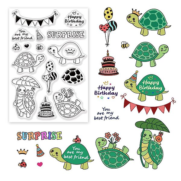 PandaHall BENECREAT Happy Birthday Themed Clear Stamps,6.3x4.3inch Surprise Turtle Balloon Cake Bee Banner Pattern Silicone Seal Stamp for...