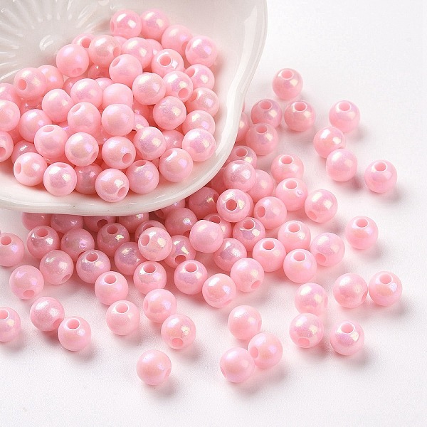

PandaHall Opaque Acrylic Beads, AB Color Plated, Round, Pearl Pink, 6x5mm, Hole: 1.8mm, about 4400pcs/500g Acrylic Round