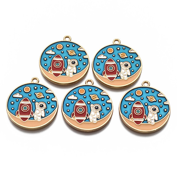 

PandaHall Alloy Enamel Pendants, Light Gold, Cadmium Free & Nickel Free & Lead Free, Flat Round with Astronaut & Rocket, Dodger Blue...