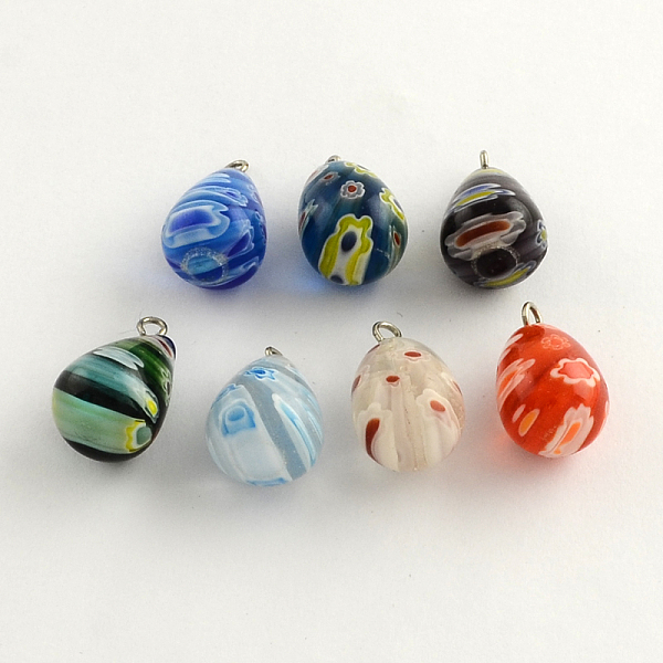 

PandaHall Handmade Millefiori Glass Pendants with Platinum Plated Iron Findings, teardrop, Mixed Color, 17~20x12mm, Hole: 2mm Millefiori..., Multicolor