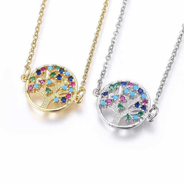 

PandaHall 304 Stainless Steel Pendant Necklaces, with Cubic Zirconia, Colorful, Flat Round with Life Tree, Mixed Color, 17.71 inch(45cm)...