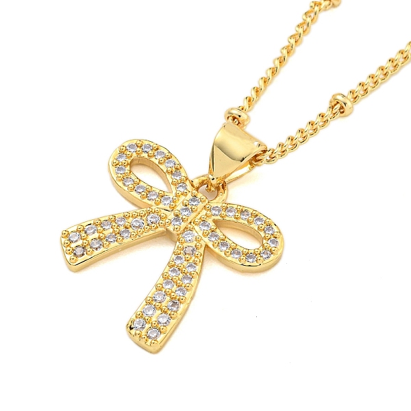 

PandaHall Brass Micro Pave Clear Cubic Zirconia Pendant Necklaces, Bowknot, Real 18K Gold Plated, 17.17 inch(436mm), Bowknot: 17.5x18mm...