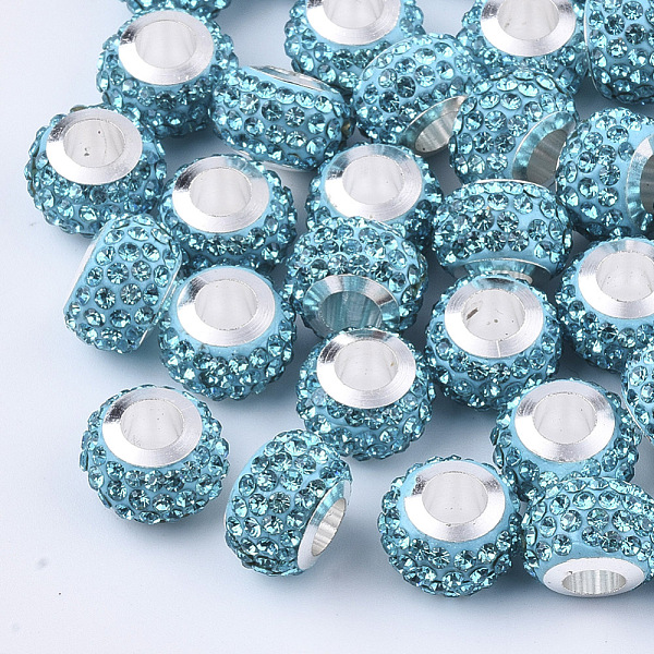 

PandaHall Polymer Clay Rhinestones European Beads, Large Hole Beads, with Platinum Tone Brass Single Cores, Rondelle, Aquamarine, 11x8mm..., Cyan