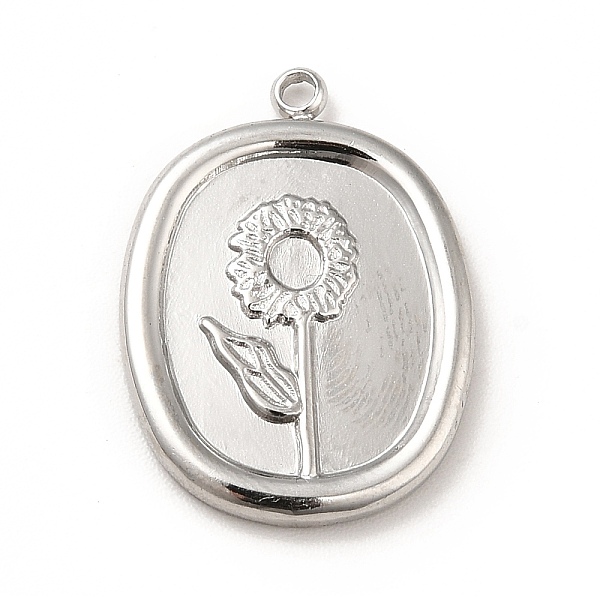 PandaHall 304 Stainless Steel Pendants, Oval wih Flower, Stainless Steel Color, 20.5x15x2mm, Hole: 1.4mm 304 Stainless Steel Oval