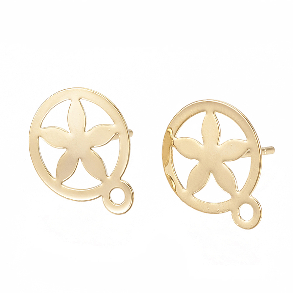

PandaHall Brass Stud Earring Findings, with Loop, Flat Round with Flower, Nickel Free, Real 18K Gold Plated, 14x11.5mm, Hole: 1mm, Pin...