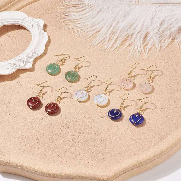 

PandaHall Gemstone Braided Flat Round with Heart Dangle Earrings, Brass Wire Wrap Jewelry for Women, Golden, 38~40mm, Pin: 0.6mm Mixed Stone