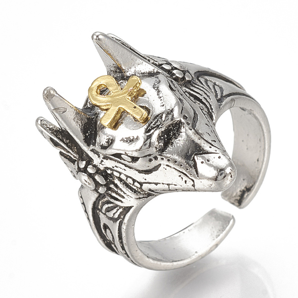 PandaHall Alloy Cuff Finger Rings, Wide Band Rings, Wolf, Antique Silver & Golden, Size 9, 19mm Alloy