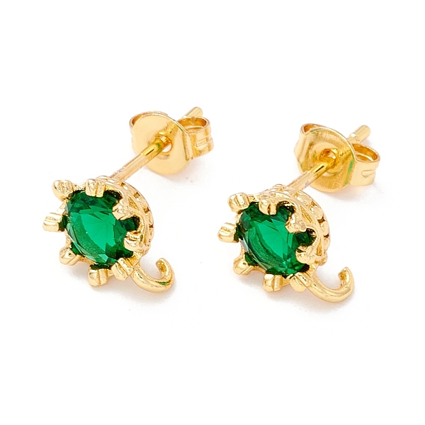 PandaHall Rack Plating Brass Cubic Zirconia Stud Earrings Findings, Real 18K Gold Plated, with Hook, Cadmium Free & Lead Free, Crown, Green