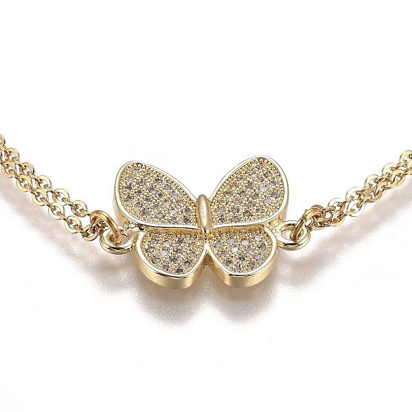 

PandaHall Brass Micro Pave Clear Cubic Zirconia Link Bracelets, with 304 Stainless Steel Cable Chains, Butterfly, Golden, 7 inch(17.8cm) 304...