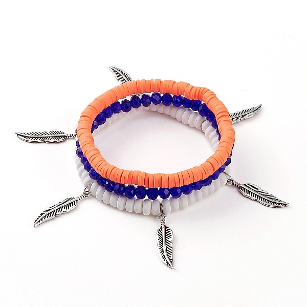 

PandaHall 3Pcs 3 Styles Stretch Bracelets Sets, Stackable Bracelets, with Polymer Clay Heishi Beads, Glass Beads and Alloy Feather Pendants..., Multicolor