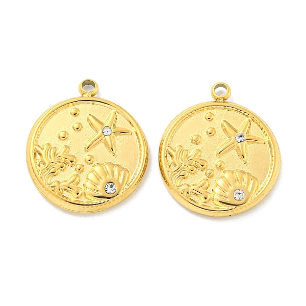 

PandaHall Vacuum Plating 304 Stainless Steel Pendants, with Crystal Rhinestone, Flat Round with Shell & Starfish Charms, Real 18K Gold..., Clear