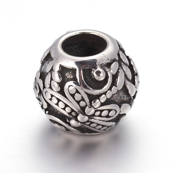 

PandaHall Retro 316 Surgical Stainless Steel European Style Beads, Large Hole Beads, Round with Dragonfly, Antique Silver, 10mm, Hole: 4.5mm...