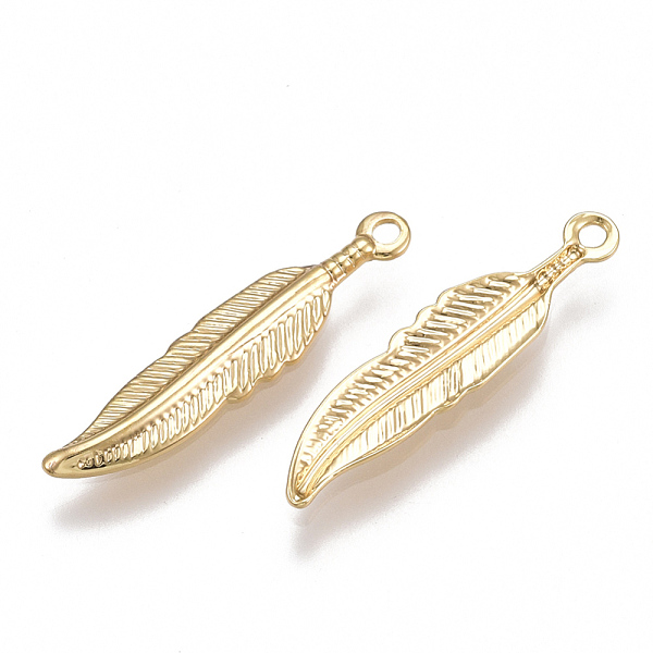 

PandaHall Brass Pendants, Feather, Nickel Free, Real 18K Gold Plated, 20.5x4.5x1mm, Hole: 1mm Brass Feather