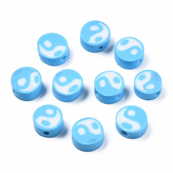 

PandaHall Handmade Polymer Clay Beads, Flat Round with Yin Yang, Light Sky Blue, 9~10x9~10x4~7mm, Hole: 2mm Polymer Clay Flat Round