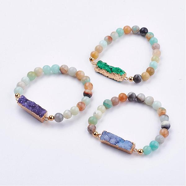 

PandaHall Natural Amazonite Stretch Bracelets, with Druzy Agate Links & Golden Plated 304 Stainless Steel Findings, Round & Rectangle, Mixed..., Multicolor