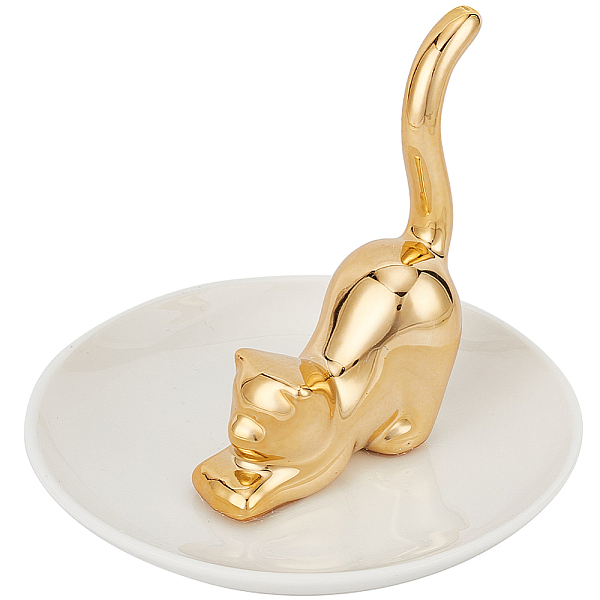 

PandaHall GORGECRAFT Cat Posture Ring Holder Golden Kitty Tail Dish Jewelry Tray Ring Round Dishes Trinket Tray Ceramic Jewelry Storage Home..., Gold